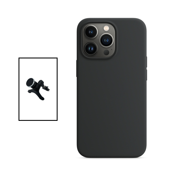 Kit Suporte Magnético Reforçado de Carro + Capa Silicone Líquido para Apple iPhone 14 Pro - Preto