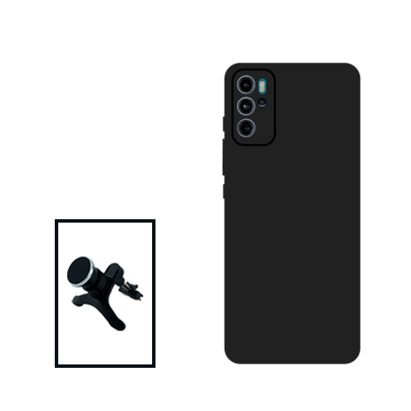 Kit Suporte Magnético Reforçado de Carro + Capa Silicone Líquido para Motorola Moto G60S - Preto