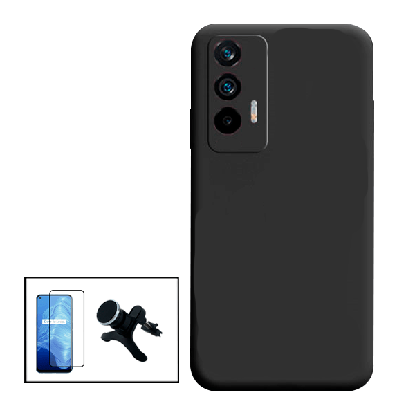 Kit Vidro Premium Full Cover + Capa Silicone Líquido + Suporte Magnético de Carro Reforçado para Realme GT Neo2T