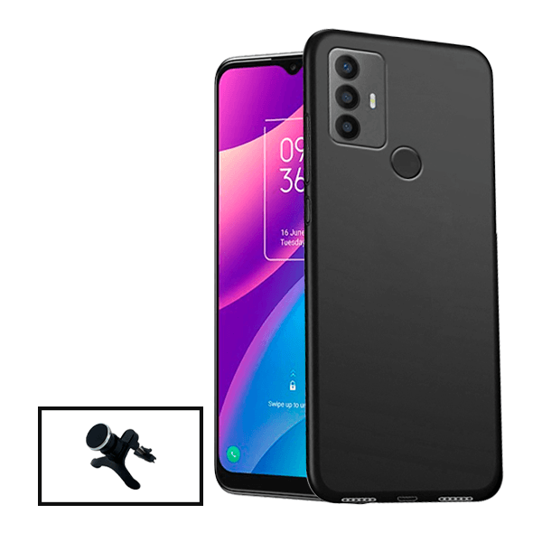 Kit Suporte Magnético Reforçado de Carro + Capa Silicone Líquido para TCL 305 - Preto