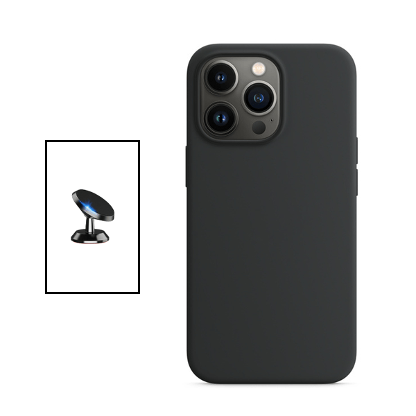 Kit Suporte Magnético de Carro + Capa Silicone Líquido para Apple iPhone 14 Pro Max - Preto