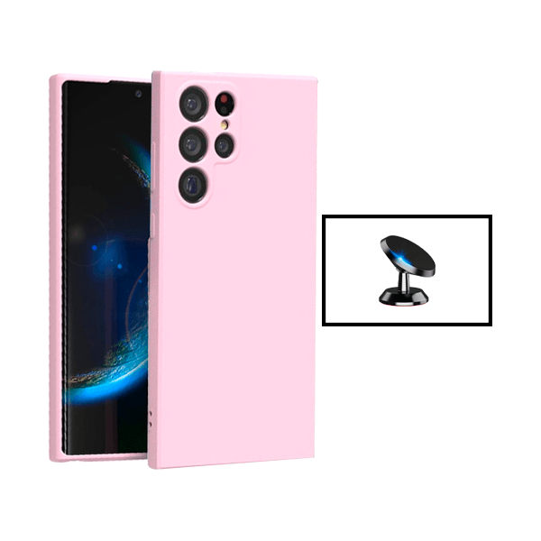 Kit Suporte Magnético de Carro + Capa Silicone Líquido para Samsung Galaxy S24 Ultra 5G - Rosa