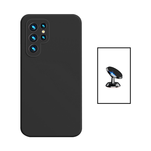 Kit Suporte Magnético de Carro + Capa Silicone Líquido para Samsung Galaxy S24 Ultra 5G - Preto