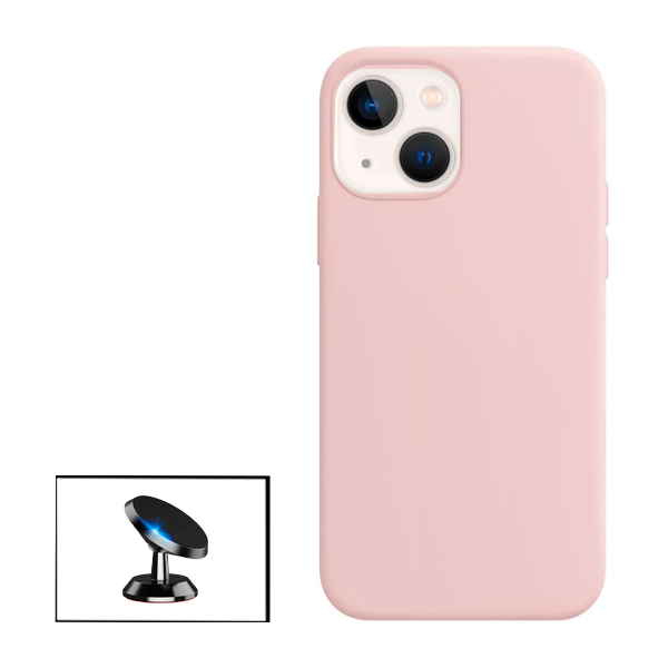 Kit Suporte Magnético de Carro + Capa Silicone Líquido para Apple iPhone 13 mini - Rosa