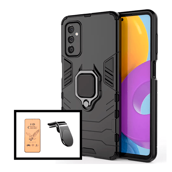 Kit Película CeramicGlass + Capa 3X1 Military Defender + Suporte Magnético L Safe Driving Carro para Samsung Galaxy M52 5G
