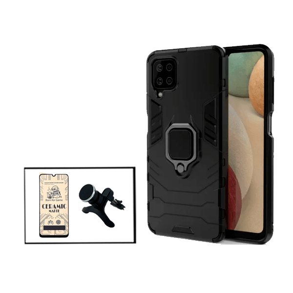 Kit Película CeramicGlass + Capa 3X1 Military Defender + Suporte Magnético de Carro Reforçado para Samsung Galaxy F12