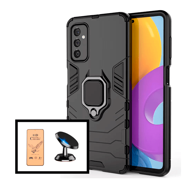 Kit Película CeramicGlass + Capa 3X1 Military Defender + Suporte Magnético de Carro para Samsung Galaxy M52 5G