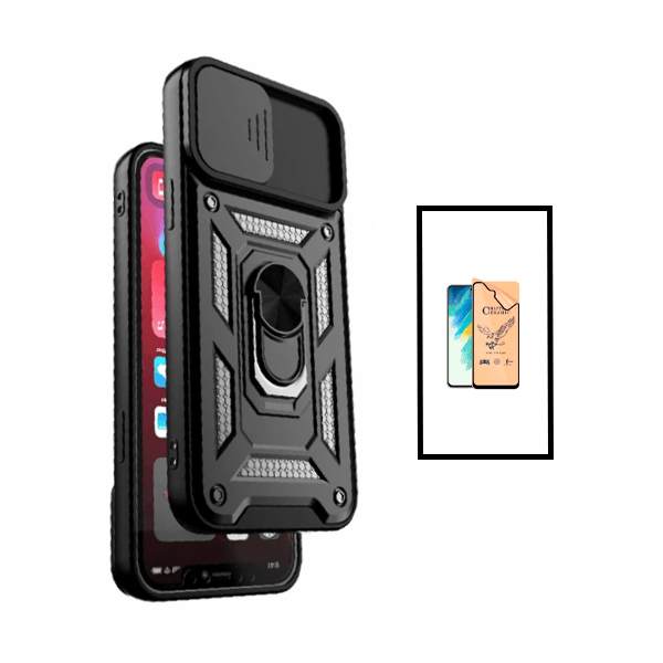 Kit Película CeramicGlass + Capa Magnetic Military Defender Slide Window Anti-Impacto para Xiaomi Redmi Note 10 Pro - Preto