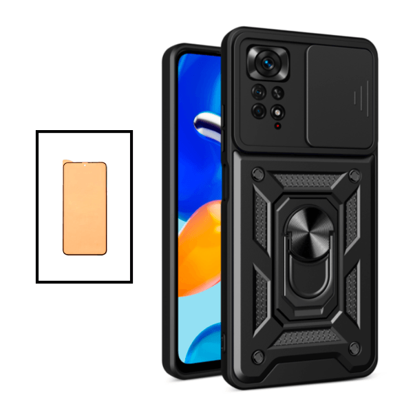 Kit Película CeramicGlass + Capa Magnetic Military Defender Slide Window Anti-Impacto para Xiaomi Redmi Note 11 Pro - Preto