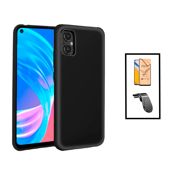 Kit Película CeramicGlass + Capa Silicone Líquido + Suporte Magnético L Safe Driving Carro para Oppo Reno8 Lite - Preto