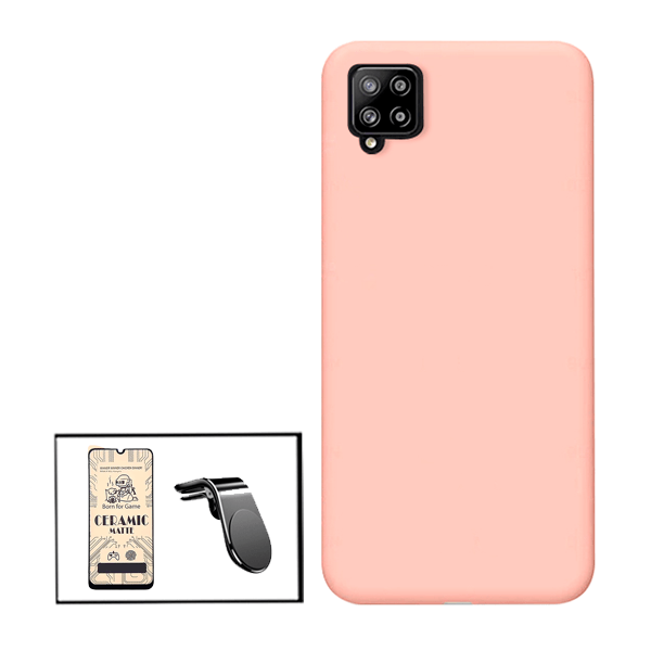 Kit Película CeramicGlass + Capa Silicone Líquido + Suporte Magnético L Safe Driving Carro para Samsung Galaxy A12 Nacho - Rosa