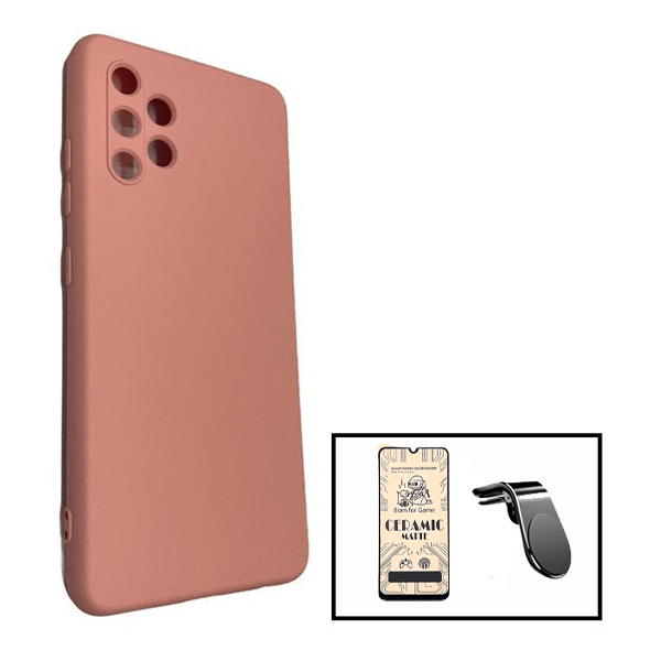 Kit Película CeramicGlass + Capa Silicone Líquido + Suporte Magnético L Safe Driving Carro para Samsung Galaxy A32 4G - Rosa