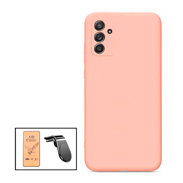 Kit Película CeramicGlass + Capa Silicone Líquido + Suporte Magnético L Safe Driving Carro para Samsung Galaxy M52 5G - Rosa