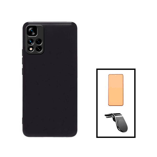 Kit Película CeramicGlass + Capa Silicone Líquido + Suporte Magnético L Safe Driving Carro para Xiaomi Poco X4 NFC - Preto