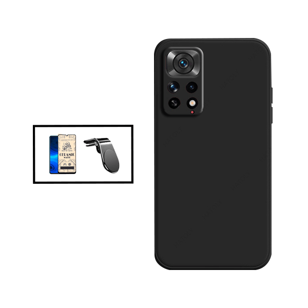 Kit Película CeramicGlass + Capa Silicone Líquido + Suporte Magnético L Safe Driving Carro para Xiaomi Redmi Note 11S 5G - Preto