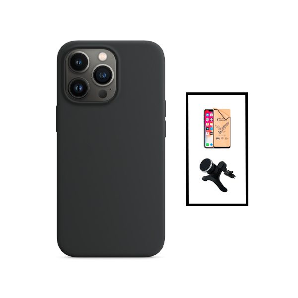 Kit Película CeramicGlass + Capa Silicone Líquido + Suporte Magnético de Carro Reforçado para Apple iPhone 14 - Preto