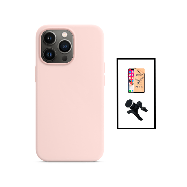 Kit Película CeramicGlass + Capa Silicone Líquido + Suporte Magnético de Carro Reforçado para Apple iPhone 14 - Rosa