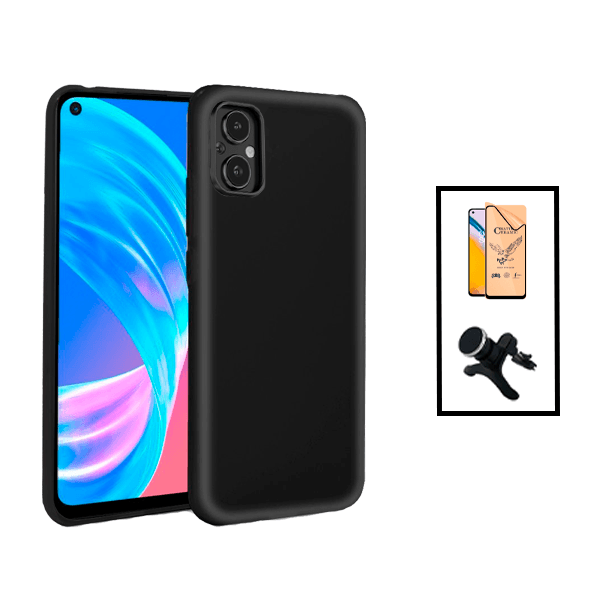 Kit Película CeramicGlass + Capa Silicone Líquido + Suporte Magnético de Carro Reforçado para Oppo Reno8 Lite - Preto