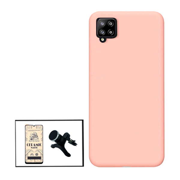 Kit Película CeramicGlass + Capa Silicone Líquido + Suporte Magnético de Carro Reforçado para Samsung Galaxy M42 5G - Rosa