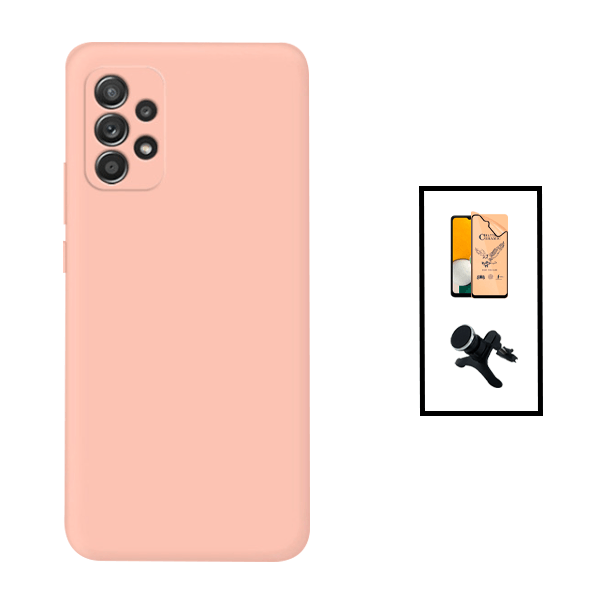 Kit Película CeramicGlass + Capa Silicone Líquido + Suporte Magnético de Carro Reforçado para Samsung Galaxy A23 5G - Rosa
