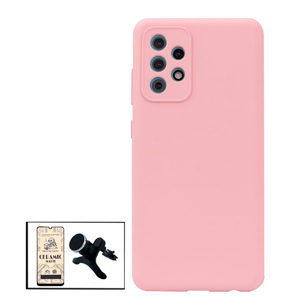 Kit Película CeramicGlass + Capa Silicone Líquido + Suporte Magnético de Carro Reforçado para Samsung Galaxy A52s 5G - Rosa
