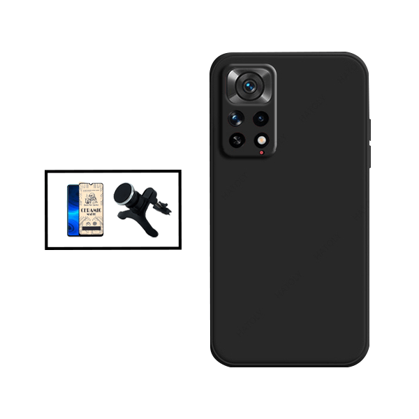 Kit Película CeramicGlass + Capa Silicone Líquido + Suporte Magnético de Carro Reforçado para Xiaomi Redmi Note 11S 5G - Preto