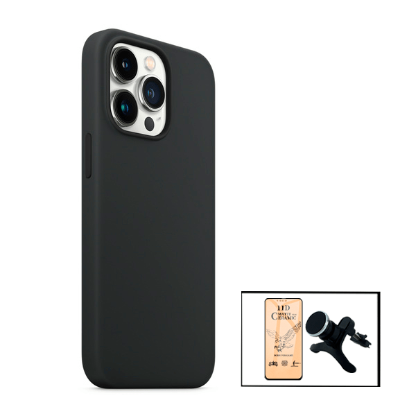 Kit Película CeramicGlass + Capa Silicone Líquido + Suporte Magnético de Carro Reforçado para Apple iPhone 13 Pro