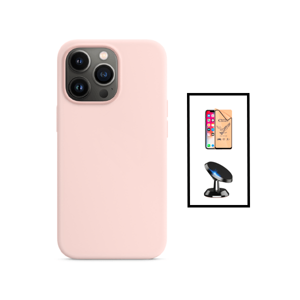 Kit Película CeramicGlass + Capa Silicone Líquido + Suporte Magnético de Carro para Apple iPhone 14 - Rosa