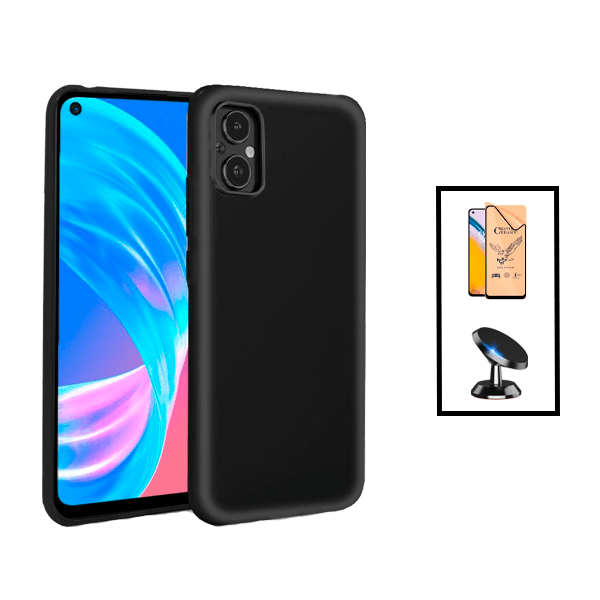 Kit Película CeramicGlass + Capa Silicone Líquido + Suporte Magnético de Carro para Oppo Reno8 Lite - Preto