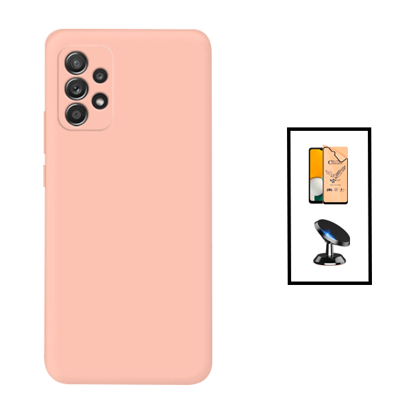 Kit Película CeramicGlass + Capa Silicone Líquido + Suporte Magnético de Carro para Samsung Galaxy A23 5G - Rosa
