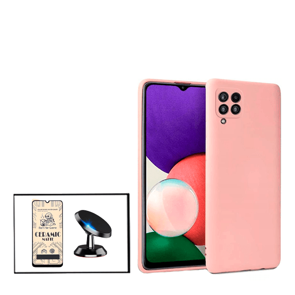 Kit Película CeramicGlass + Capa Silicone Líquido + Suporte Magnético de Carro para Samsung Galaxy M22 - Rosa