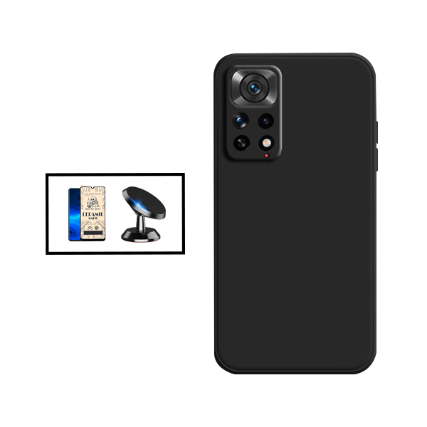 Kit Película CeramicGlass + Capa Silicone Líquido + Suporte Magnético de Carro para Xiaomi Redmi Note 11S 5G - Preto
