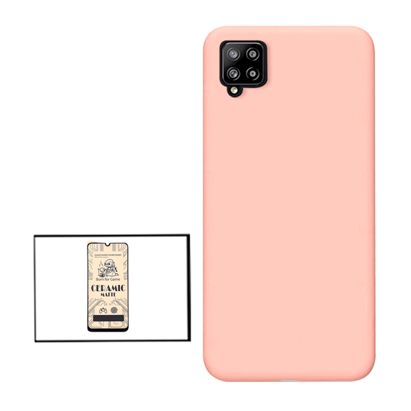 Kit Película CeramicGlass + Capa Silicone Líquido para Samsung Galaxy F12 - Rosa
