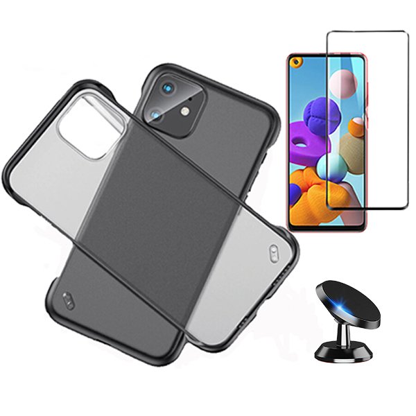 Kit Vidro Premium Full Cover + Capa Invisible Bumper + Suporte Magnético de Carro para Samsung Galaxy M30s