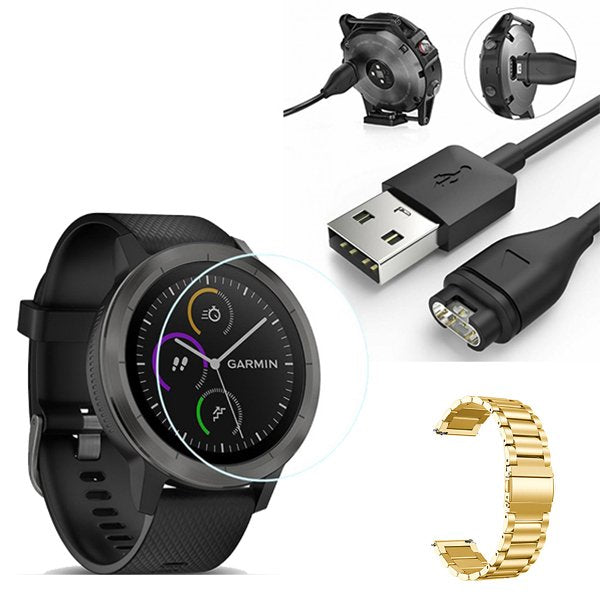 Kit Bracelete Aço Stainless Lux + Ferramenta + Carregador Usb Charger + Película Protectora Ecrã Vidro para Garmin VivoActive 3 - Ouro