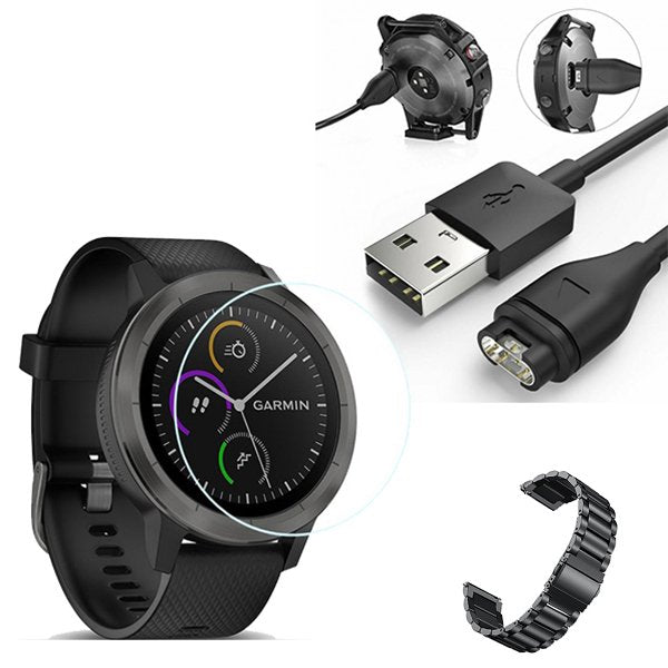 Kit Bracelete Aço Stainless Lux + Ferramenta + Carregador Usb Charger + Película Protectora Ecrã Vidro para Garmin VivoActive 3 - Preto