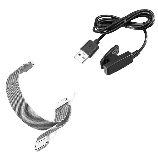 Kit Bracelete Milanese Loop Fecho Magnético + Carregador Usb Charger para Garmin Forerunner 230 - Cinza