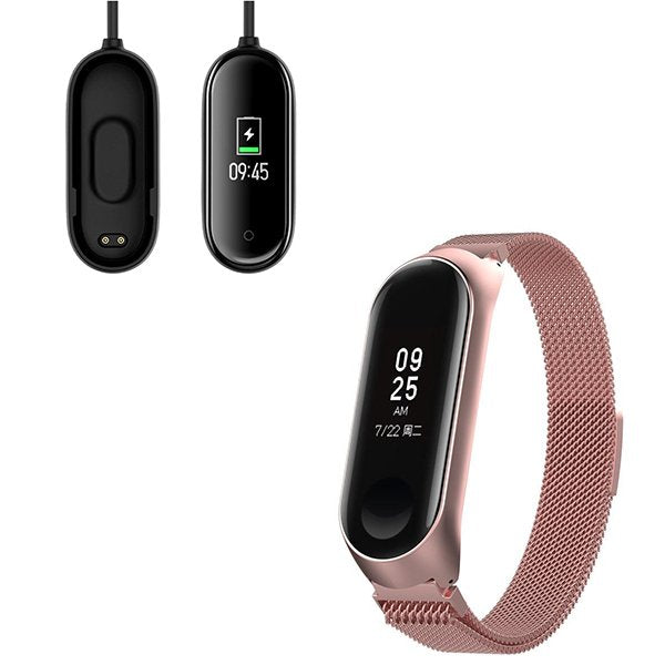 Kit Bracelete Milanese Loop Fecho Magnético + Carregador Usb Charger para Xiaomi Mi Band 4 - Rosa
