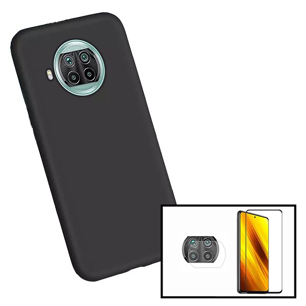 Kit Vidro Premium Full Cover + Película de Câmara Traseira + Capa Silicone Líquido para Xiaomi Poco X3 NFC - Preto