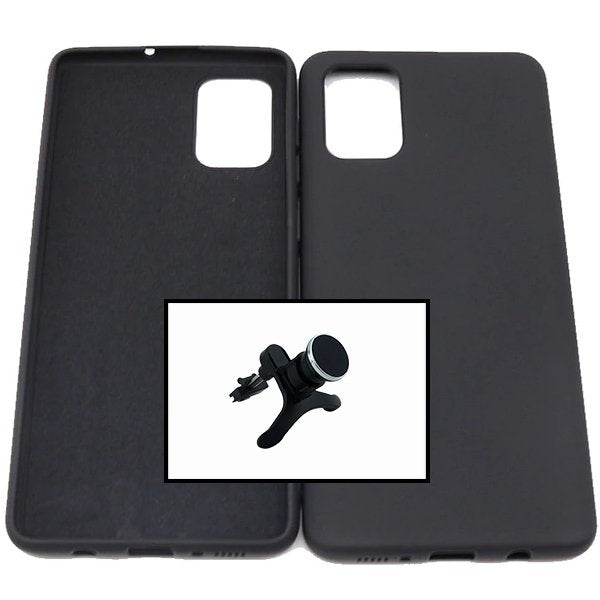 Kit Suporte Magnético Reforçado de Carro + Capa Silicone Líquido para Samsung Galaxy A51 5G - Preto