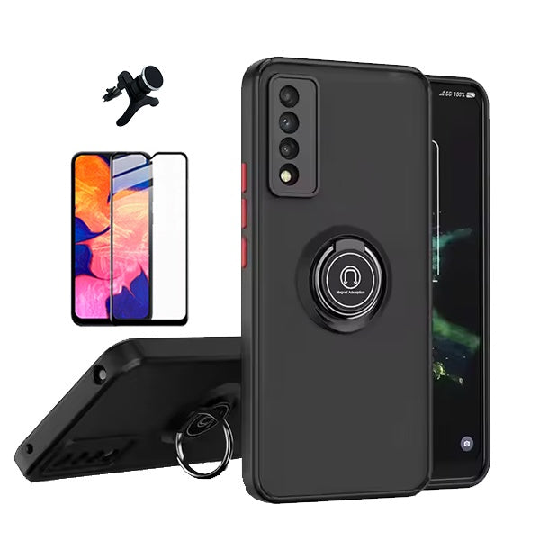 Kit Capa Anti-Impact Clear Armor Ring + Película Vidro + Suporte Magnético de PHONECARE Para Samsung Galaxy A50s - Transparente/Preto