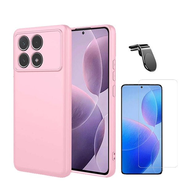 Kit Vidro Clearglass + Capa Silicone Líquido + Suporte Magnético L Safe Driving para Xiaomi Poco F6 Pro - Rosa