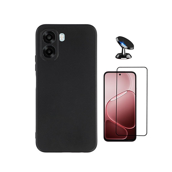 Kit Vidro Temperado + Capa Silicone Líquido + Suporte Magnético PHONECARE Para Oppo A6x - Preto