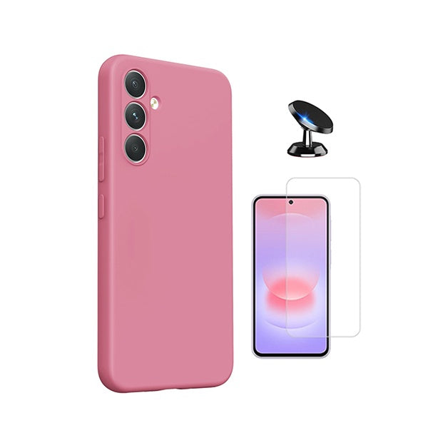 Kit Vidro Clearglass + Capa Silicone Líquido + Suporte Magnético PHONECARE Para Samsung Galaxy A27 - Rosa