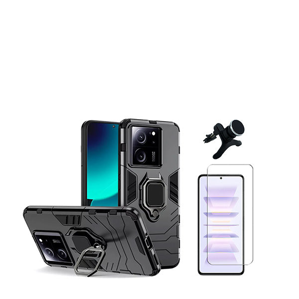 Kit Vidro Clearglass + Capa 3X1 Military Defender + Suporte Magnético de Carro Reforçado para Xiaomi 13T - Preto