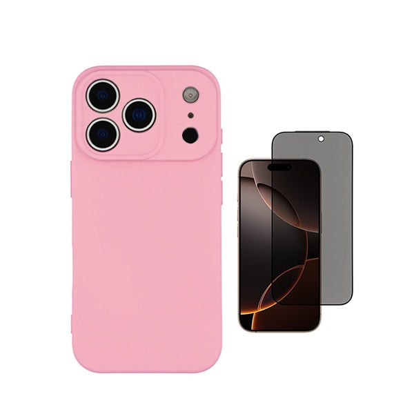 Kit Vidro Anti-Spy + Capa Silicone Líquido PHONECARE Para Apple iPhone 18 Pro Max - Rosa