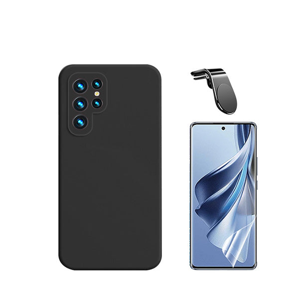Kit Película Hydrogel Full Cover Frente + Capa Silicone Líquido + Suporte Magnético L Safe Driving Carro para Samsung Galaxy S24 Ultra 5G - Preto
