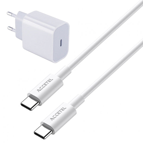 Kit Base Carregador Type C Fastcharge 20w + Cabo de Carga 100w 5a 1m Type C - Type C Accetel Para Apple iPhone 16 Pro Max - Branco