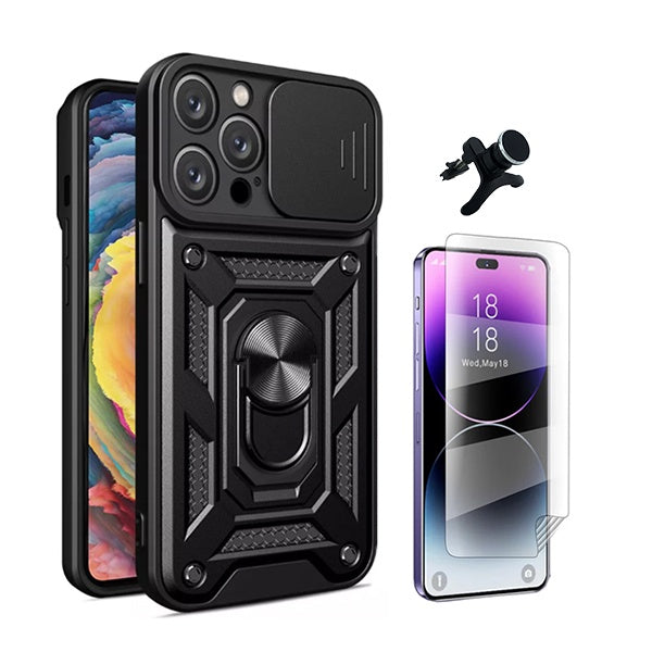 Kit Película Hydrogel Full Cover Frente + Capa Magnetic Military Defender Slide Window + Suporte Magnético de Carro Reforçado para Apple iPhone 16 Pro Max - Preto