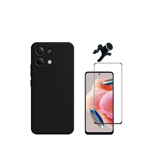 Kit Vidro Premium Full Cover + Capa Silicone Líquido + Suporte Magnético de Carro Reforçado para Xiaomi Redmi Note 13 4G - Preto